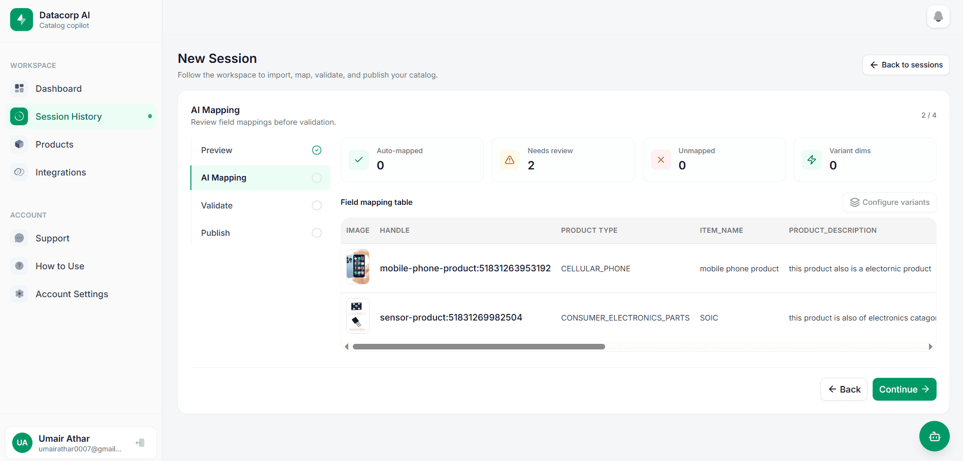 AI field mapping reviewing product attributes before validation