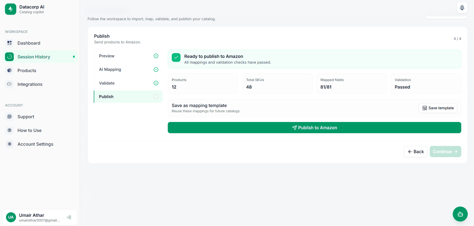 Publish step confirming all checks passed, ready to publish to Amazon